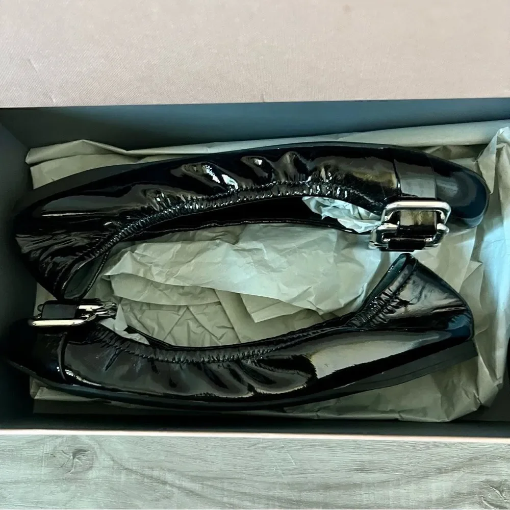 NIB vintage Miu Miu black patent flats with silvertone buckle hardware sz 11